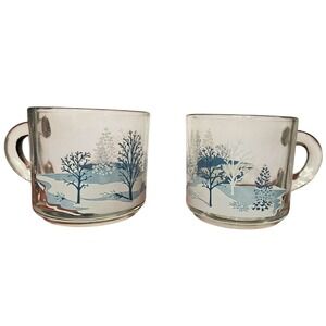 Anchor Hocking Vintage Glass Coffee Mugs Set of 2 Winter Snowy Trees Blue White